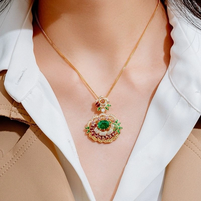 Emerald and Multi-Gem Garden Pendant Necklace detail image 2 · Vera Buy