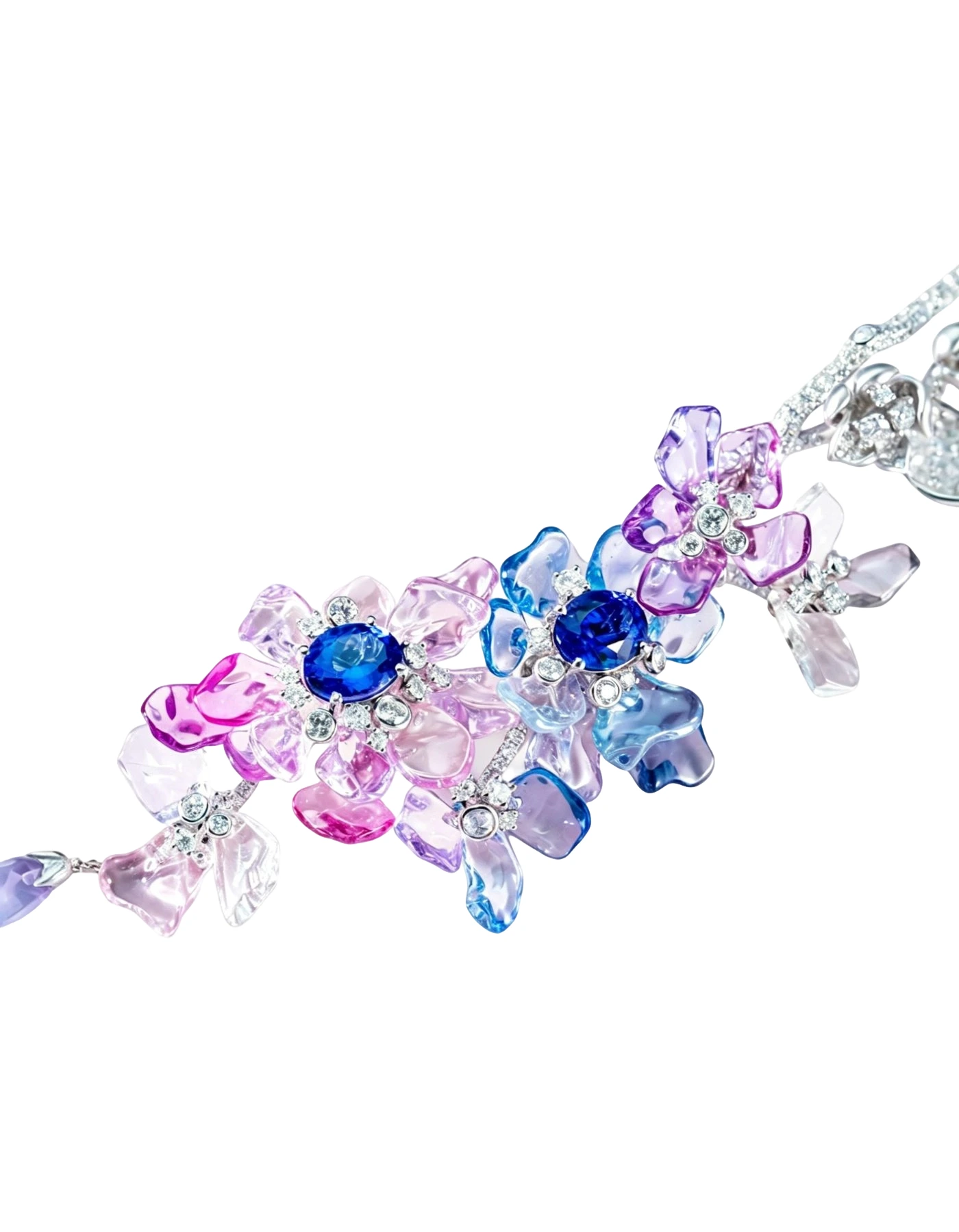 Tanzanite, Multicoloured Sapphire and Diamond Floral Necklace detail image 3 · Vera Buy
