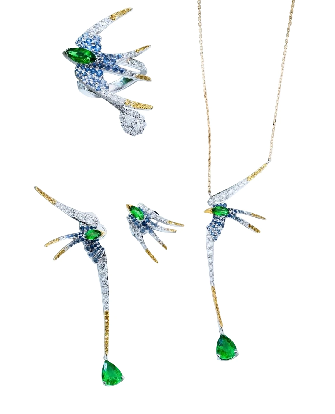 Tsavorite, Sapphire and Diamond Bird Ring detail image 2 · Vera Buy