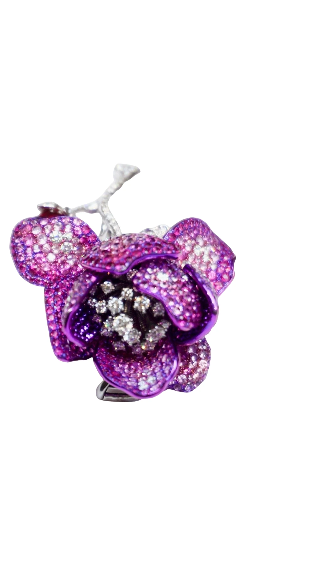 Titanium, Unheated Burmese Ruby, Diamond and Pink Sapphire Floral Brooch detail image 2 · Vera Buy