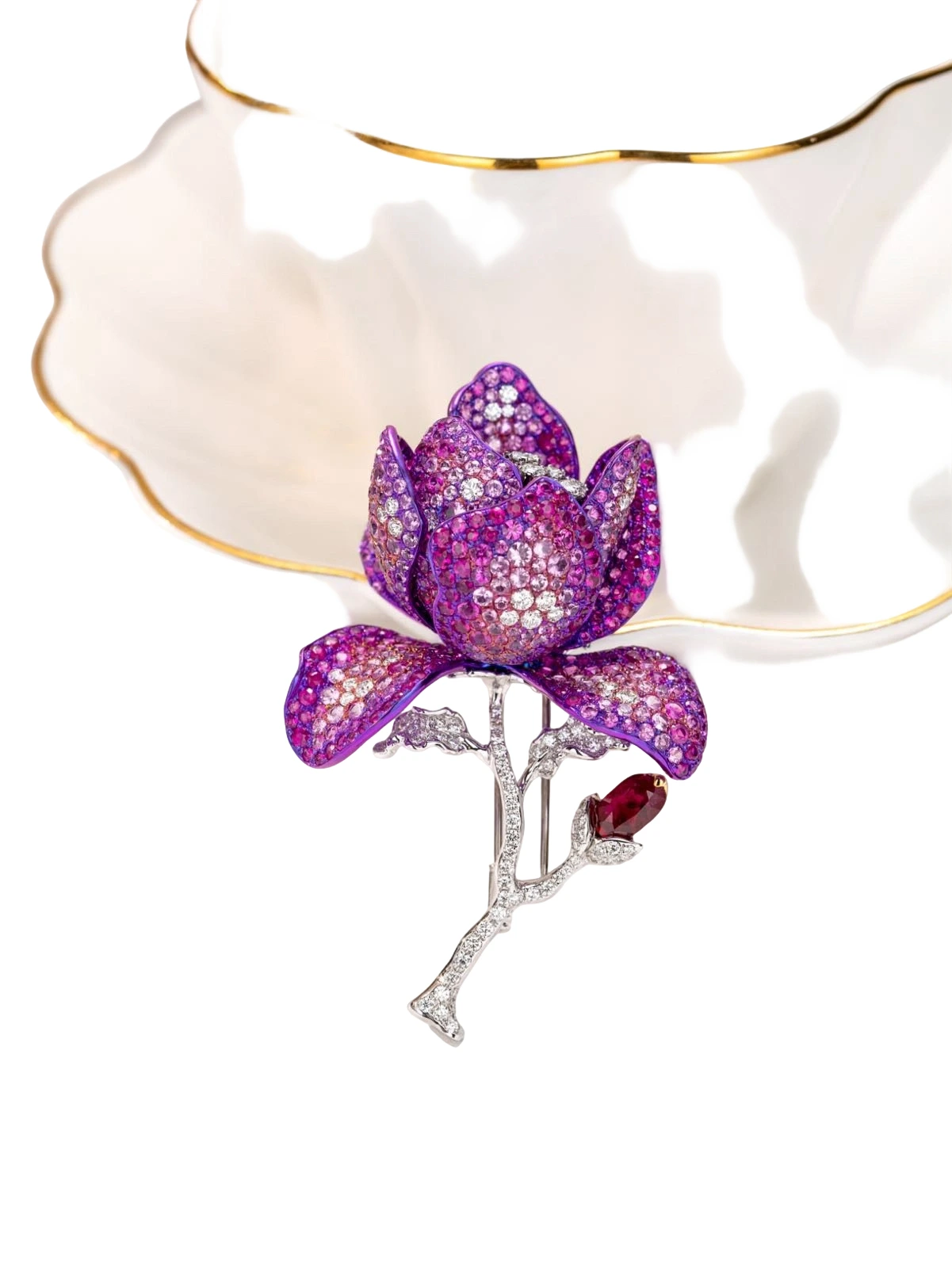 Titanium, Unheated Burmese Ruby, Diamond and Pink Sapphire Floral Brooch detail image 4 · Vera Buy