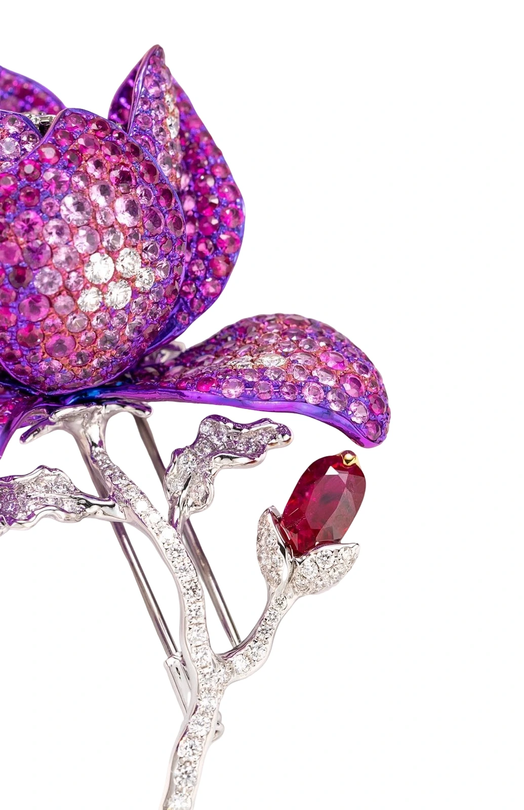 Titanium, Unheated Burmese Ruby, Diamond and Pink Sapphire Floral Brooch detail image 5 · Vera Buy