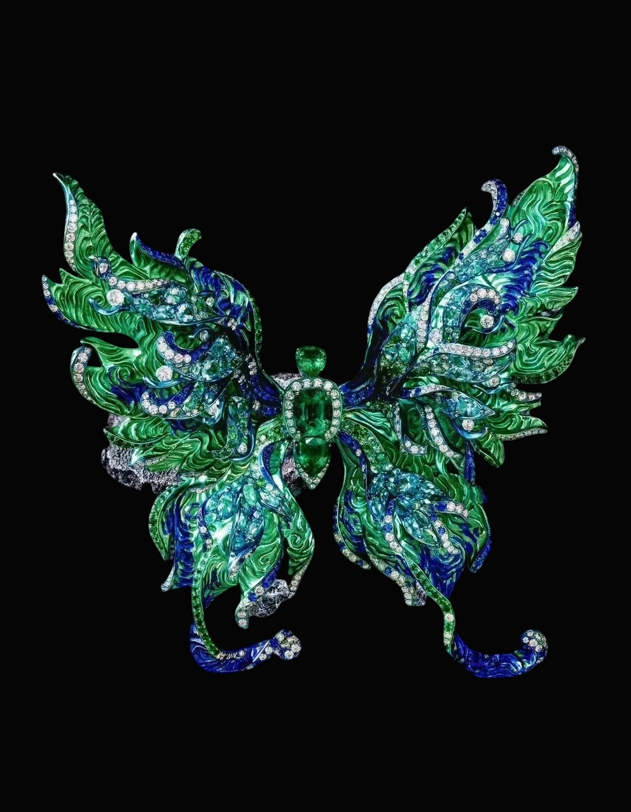 Emerald-Centred Butterfly Brooch in Titanium · Jewellery · Vera Buy