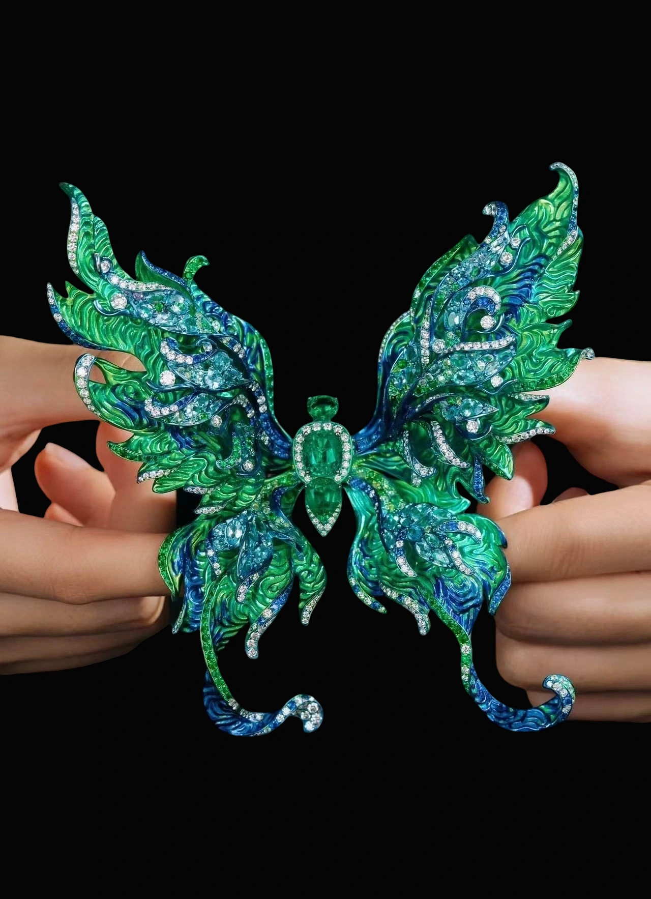 Emerald-Centred Butterfly Brooch in Titanium detail image 4 · Vera Buy