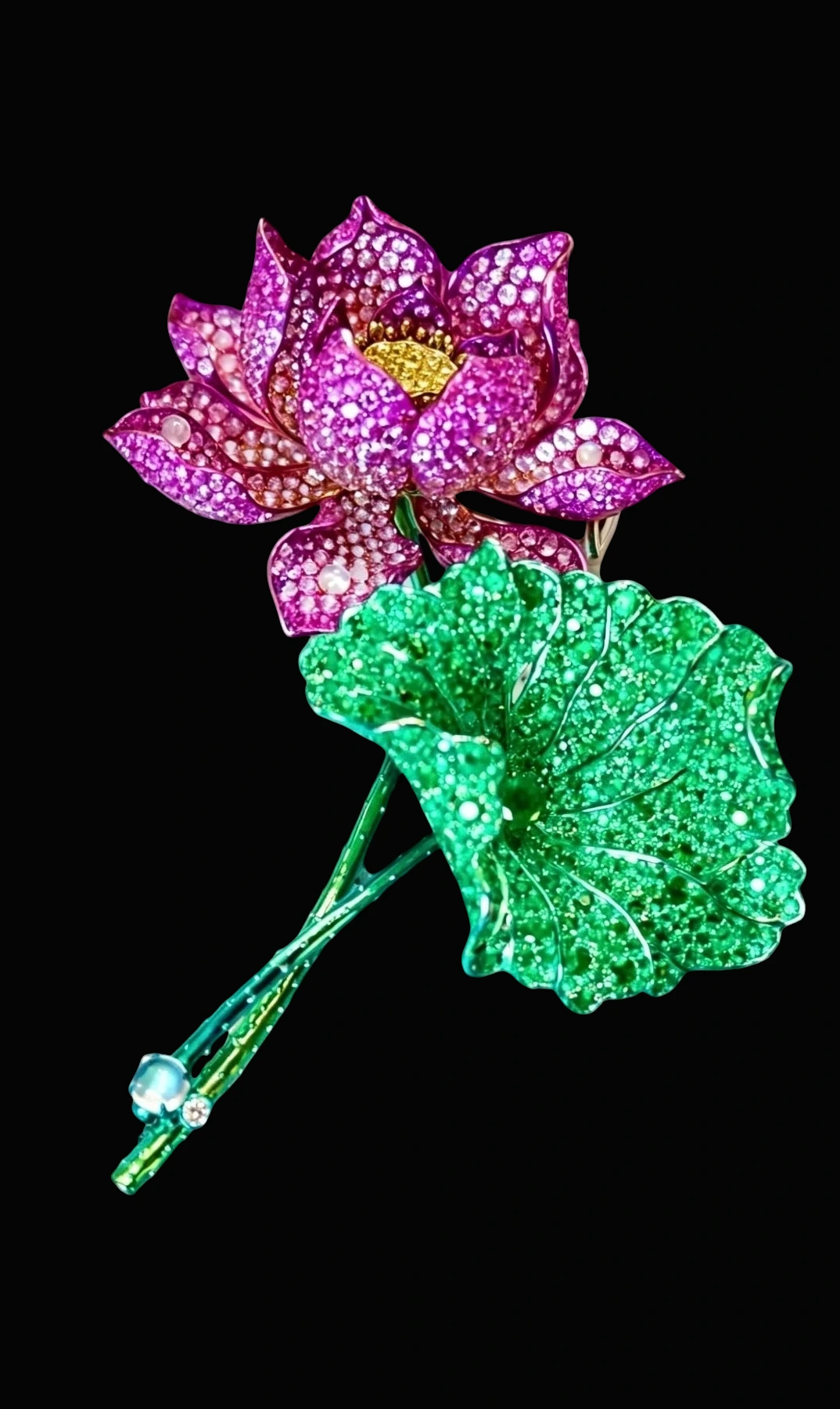 Lotus Brooch in Emerald, Pink Sapphire, Diamond, and Moonstone · Jewellery · Vera Buy