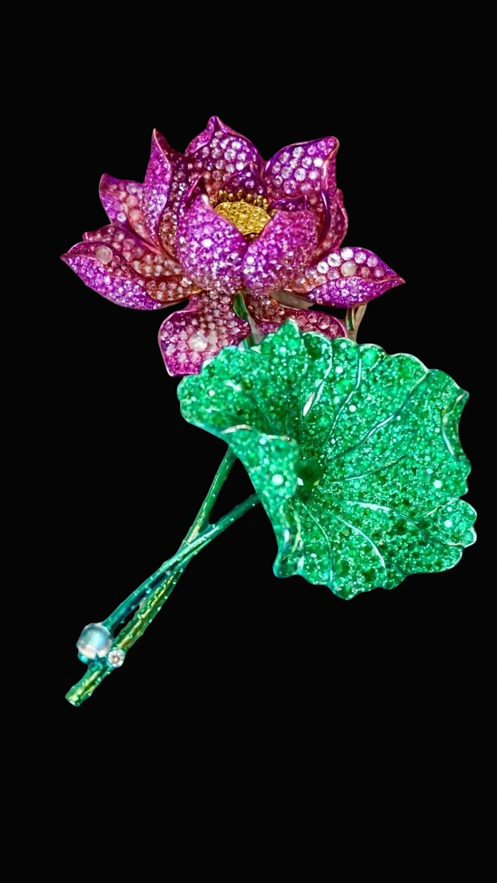 Lotus Brooch in Emerald, Pink Sapphire, Diamond, and Moonstone detail image 3 · Vera Buy