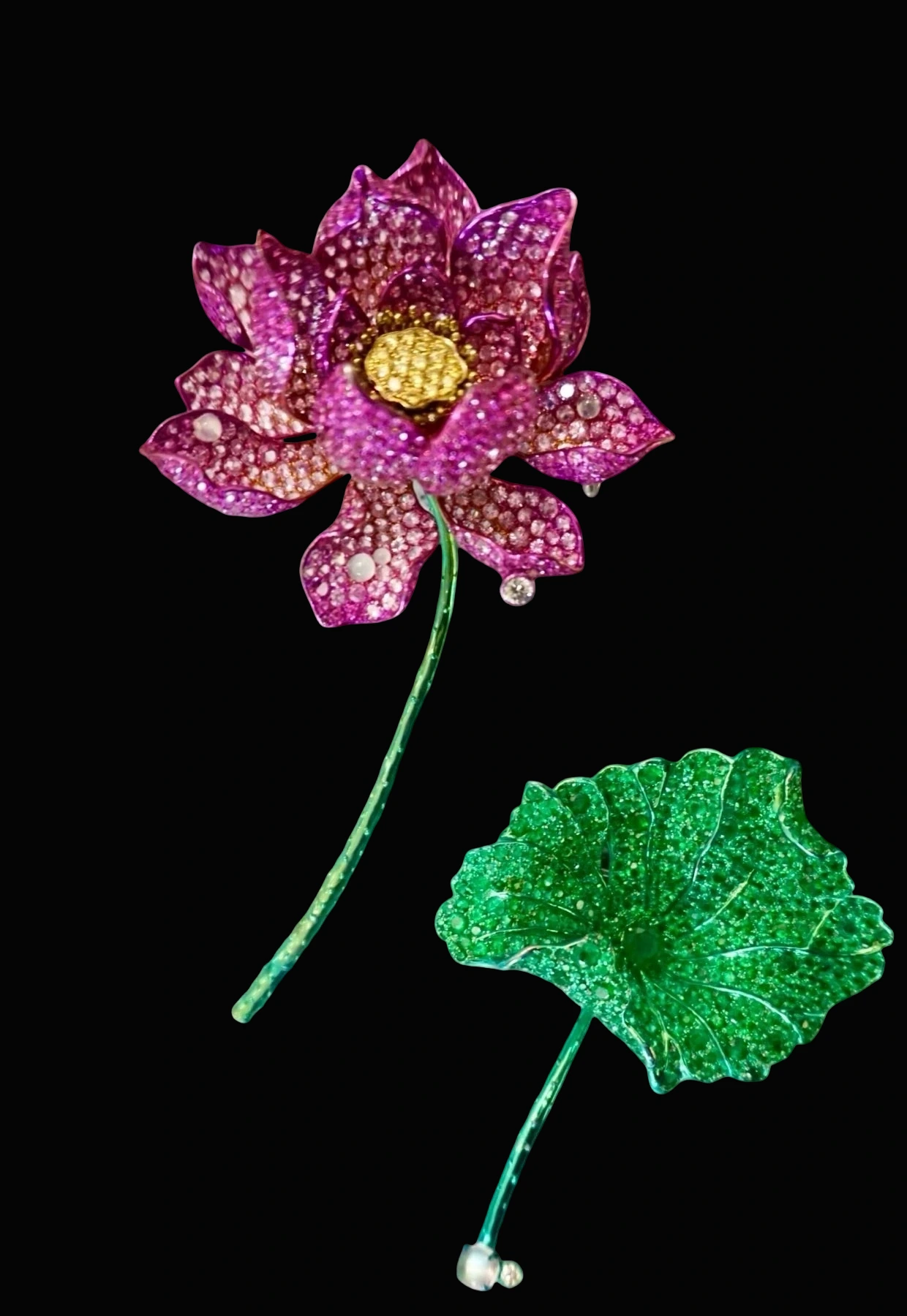 Lotus Brooch in Emerald, Pink Sapphire, Diamond, and Moonstone detail image 5 · Vera Buy