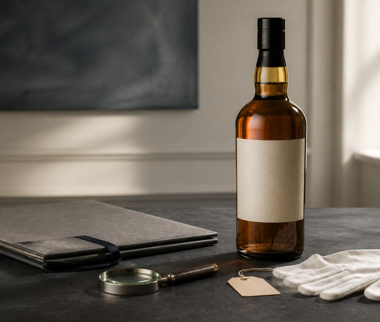 An unbranded whisky bottle with an archival folder, magnifying glass and inspection gloves