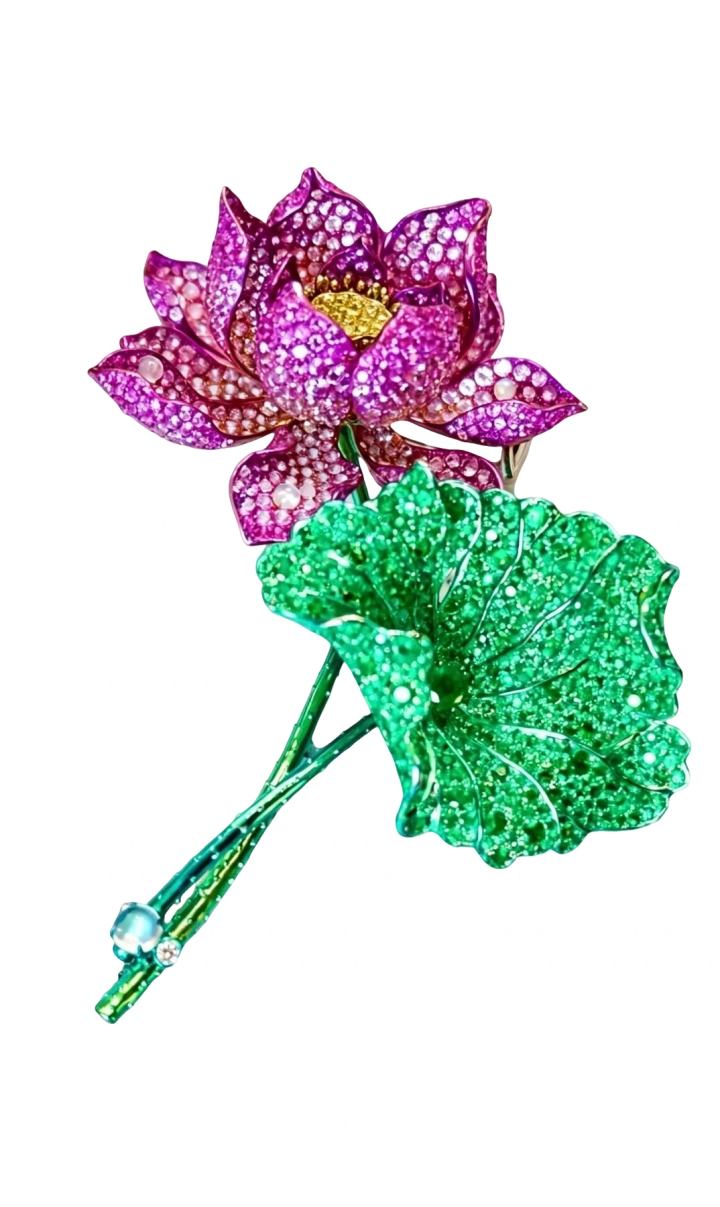 Lotus Brooch in Emerald, Pink Sapphire, Diamond, and Moonstone · Jewellery · Vera Buy